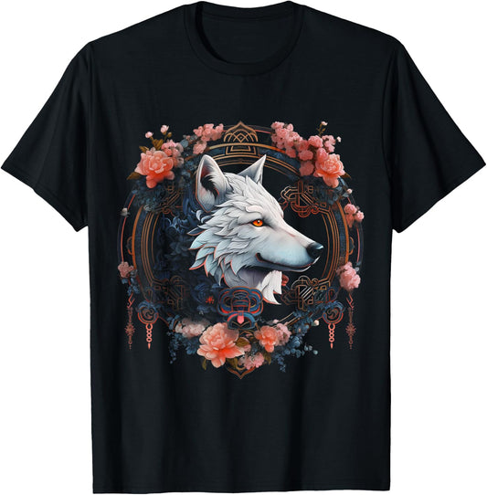 Wolf Flowers - Animal Lovers Animal Art Motif Wolf T-Shirt - T-Shirt | Black