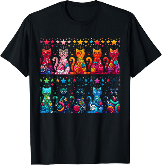 80s Colorful Kitten Lover Artwork Decor Cute Art Cat T-Shirt - T-Shirt | Black