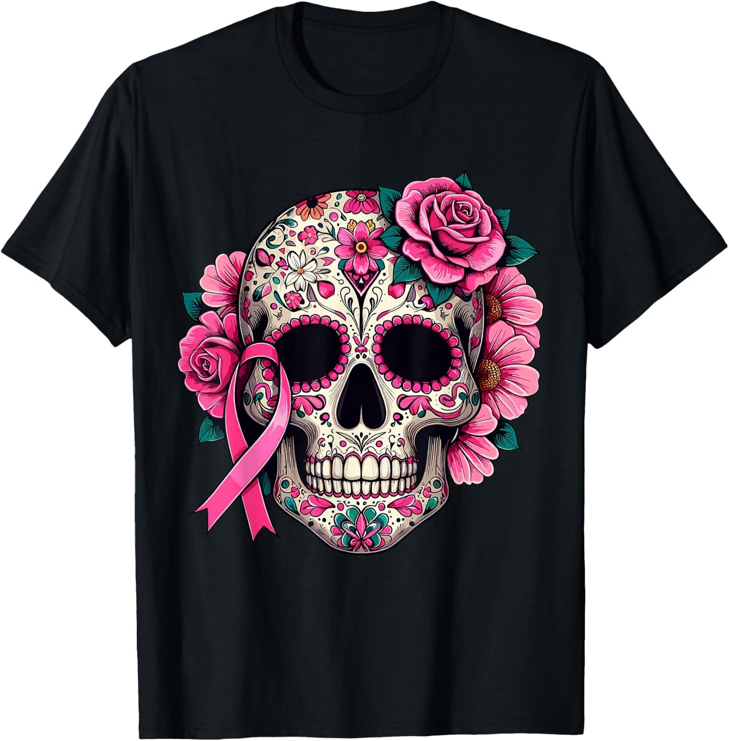 Sugar Skull Pink Ribbon Calavera Breast Cancer Awareness T-Shirt - T-Shirt | Black