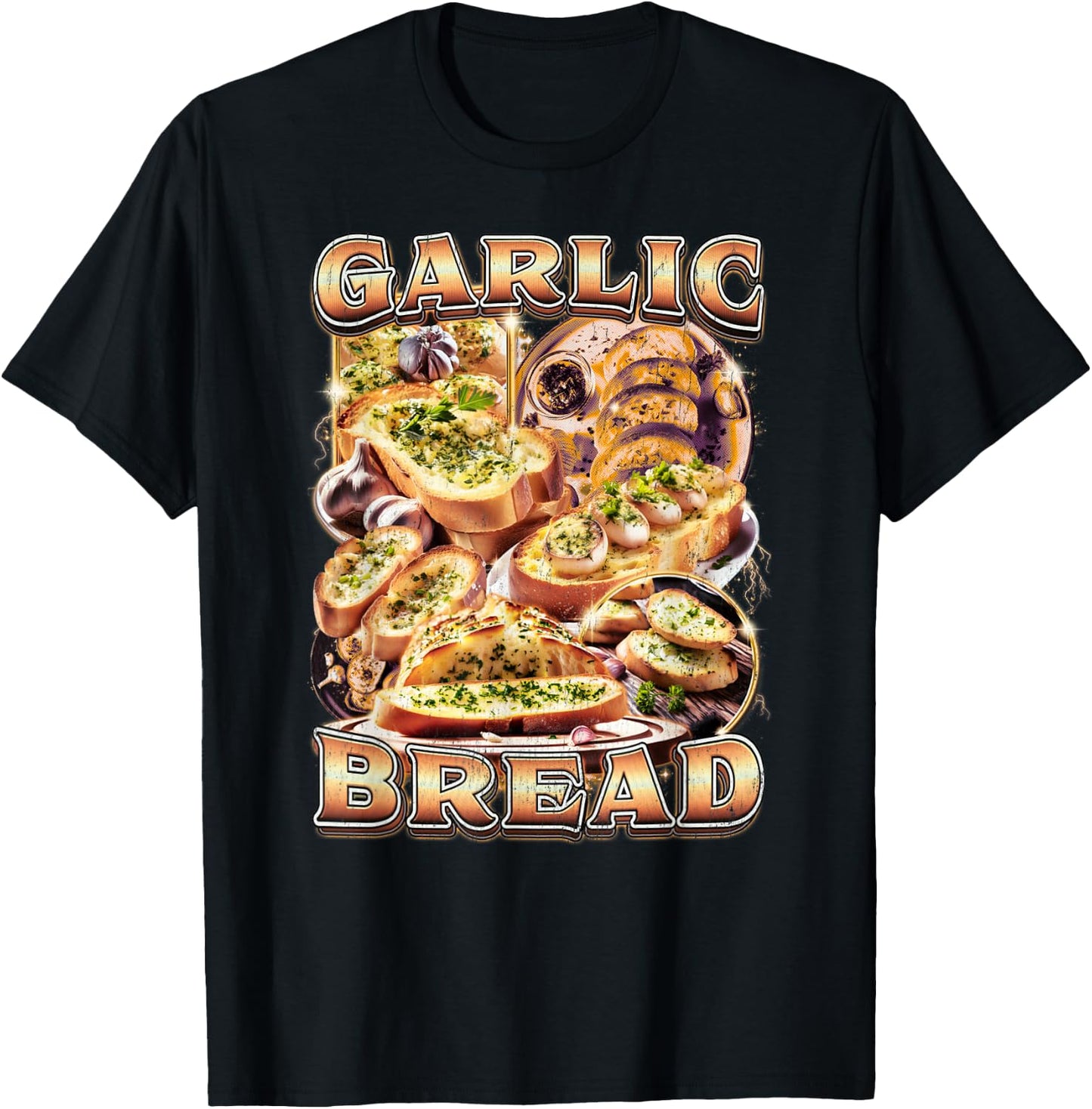 Bootleg Rap Style Garlic Bread Meme Food Ironic Vintage 90s T-Shirt - T-Shirt | Black
