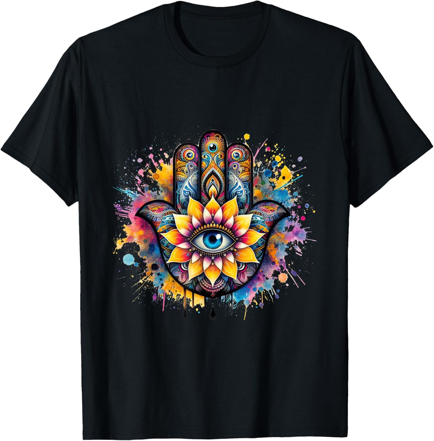 Beautiful Hamsa Hand Colorful with Fatima Eye and Lotus T-Shirt - T-Shirt | Black