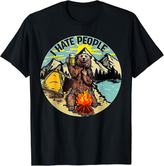 I Hate People Camping Bear Drinking Beer Vintage Funny T-Shirt - T-Shirt | Black