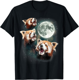 Three Red Panda Moon | 3 Moon Forest Bamboo Howling Bear T-Shirt - T-Shirt | Black