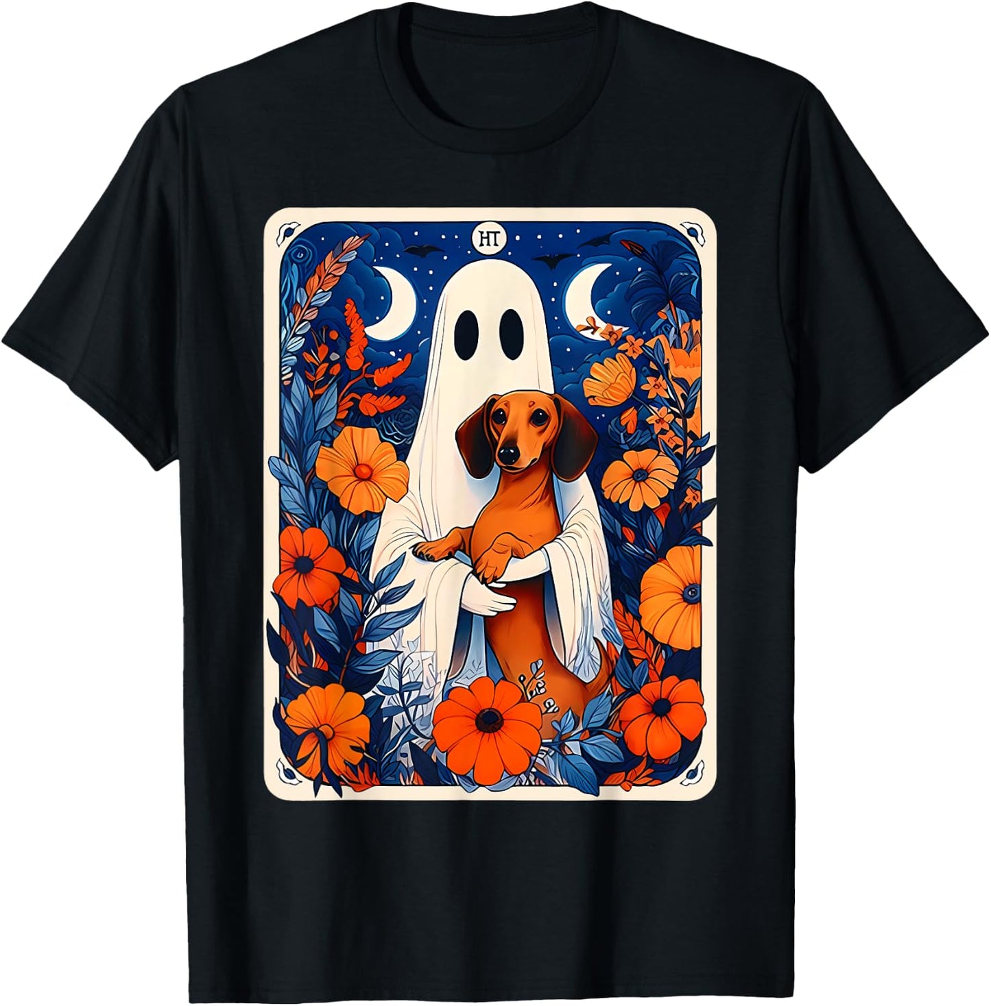 Ghost Holding Dachshund Spooky Tarot Card Fall Halloween T-Shirt - T-Shirt | Black