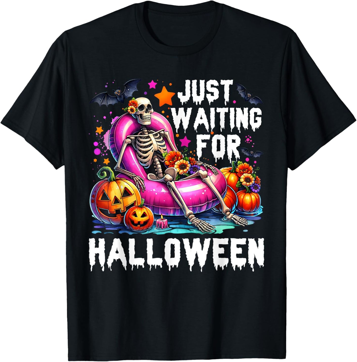 Funny Just Waiting For Halloween Skeleton Spooky Vibe Summer T-Shirt - T-Shirt | Black