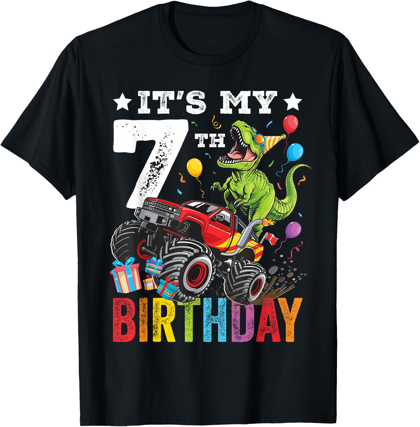 Seven 7th Birthday Dinosaur Monster Truck T-Shirt - T-Shirt | Black