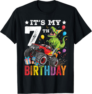 Seven 7th Birthday Dinosaur Monster Truck T-Shirt - T-Shirt | Black