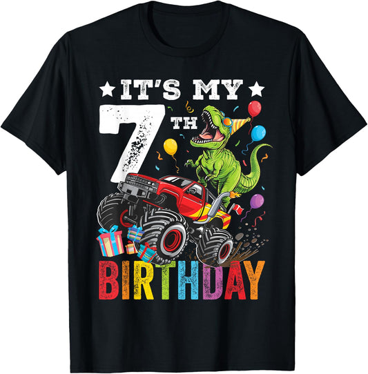 Seven 7th Birthday Dinosaur Monster Truck T-Shirt - T-Shirt | Black