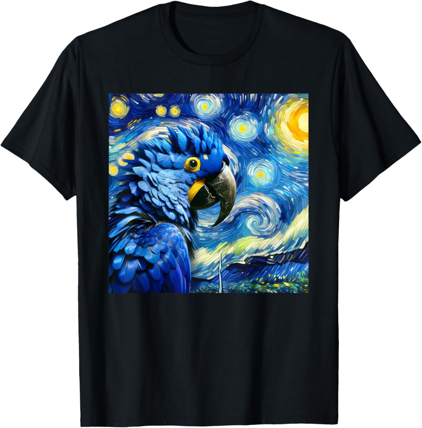 Hyacinth Macaw Parrot Surreal Starry Night Sky Art Van Gogh T-Shirt - T-Shirt | Black