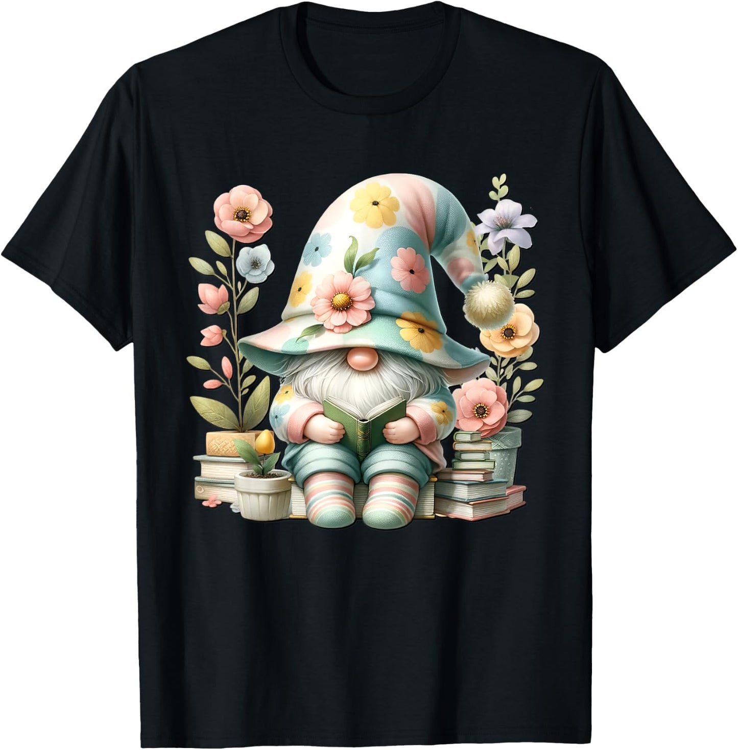 Book Reading Themed Retired Gnome Cute Wildflower T-Shirt - T-Shirt | Black