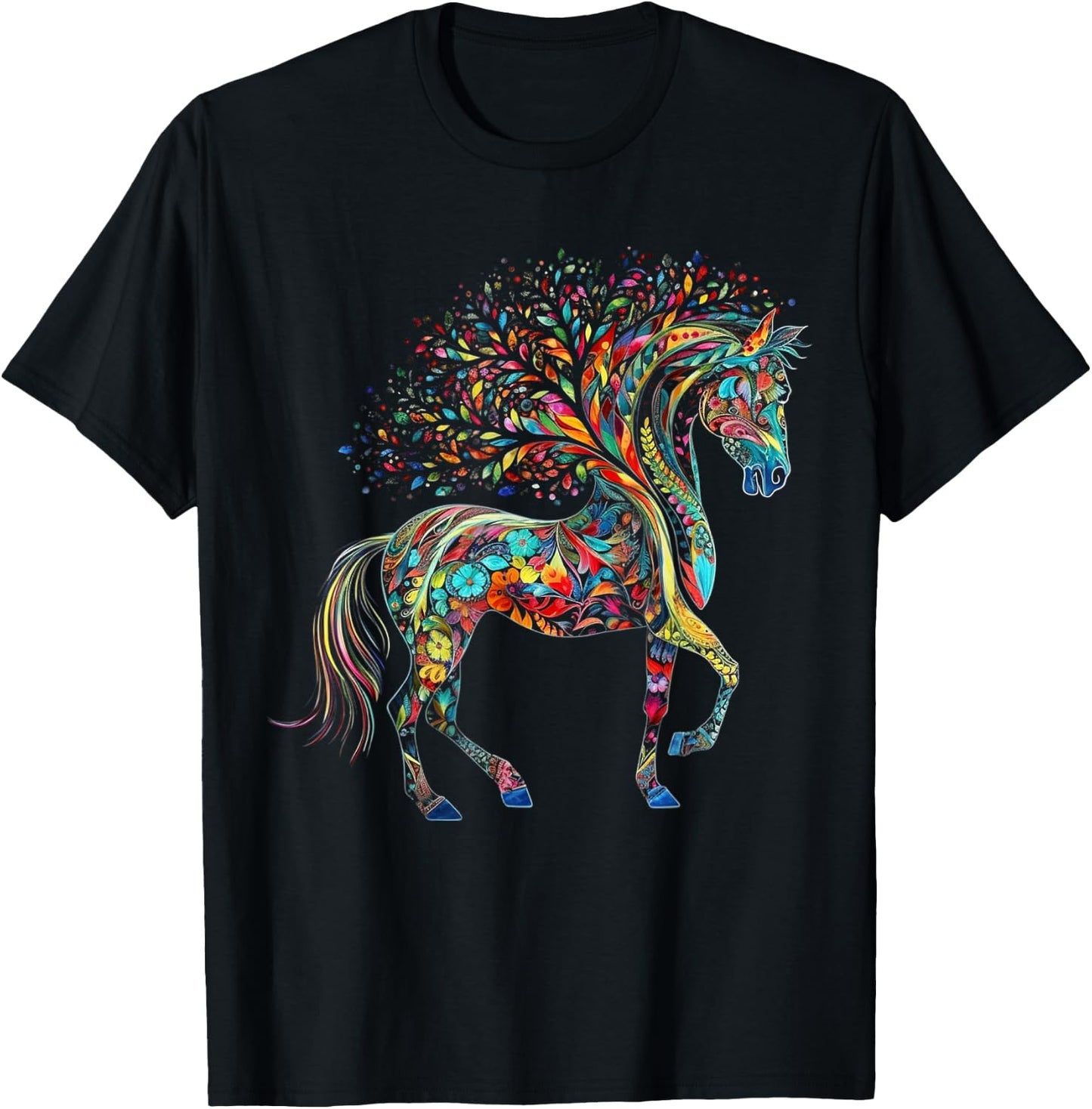 Horse Artwork Tree Colourful Animal Horse T-Shirt - T-Shirt | Black