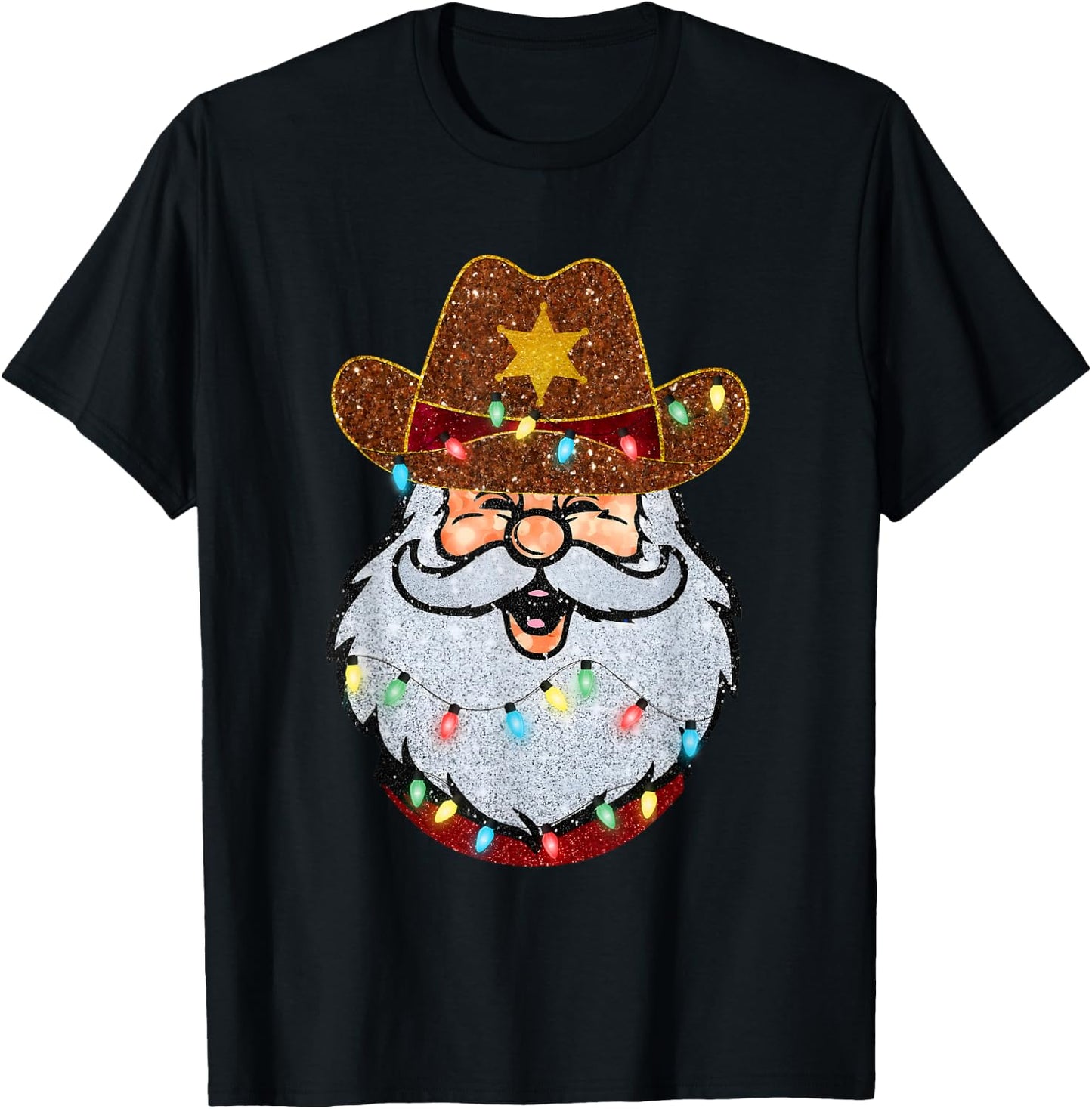 Santa Cowboy Western Christmas Xmas Lights Holiday Pajamas T-Shirt - T-Shirt | Black