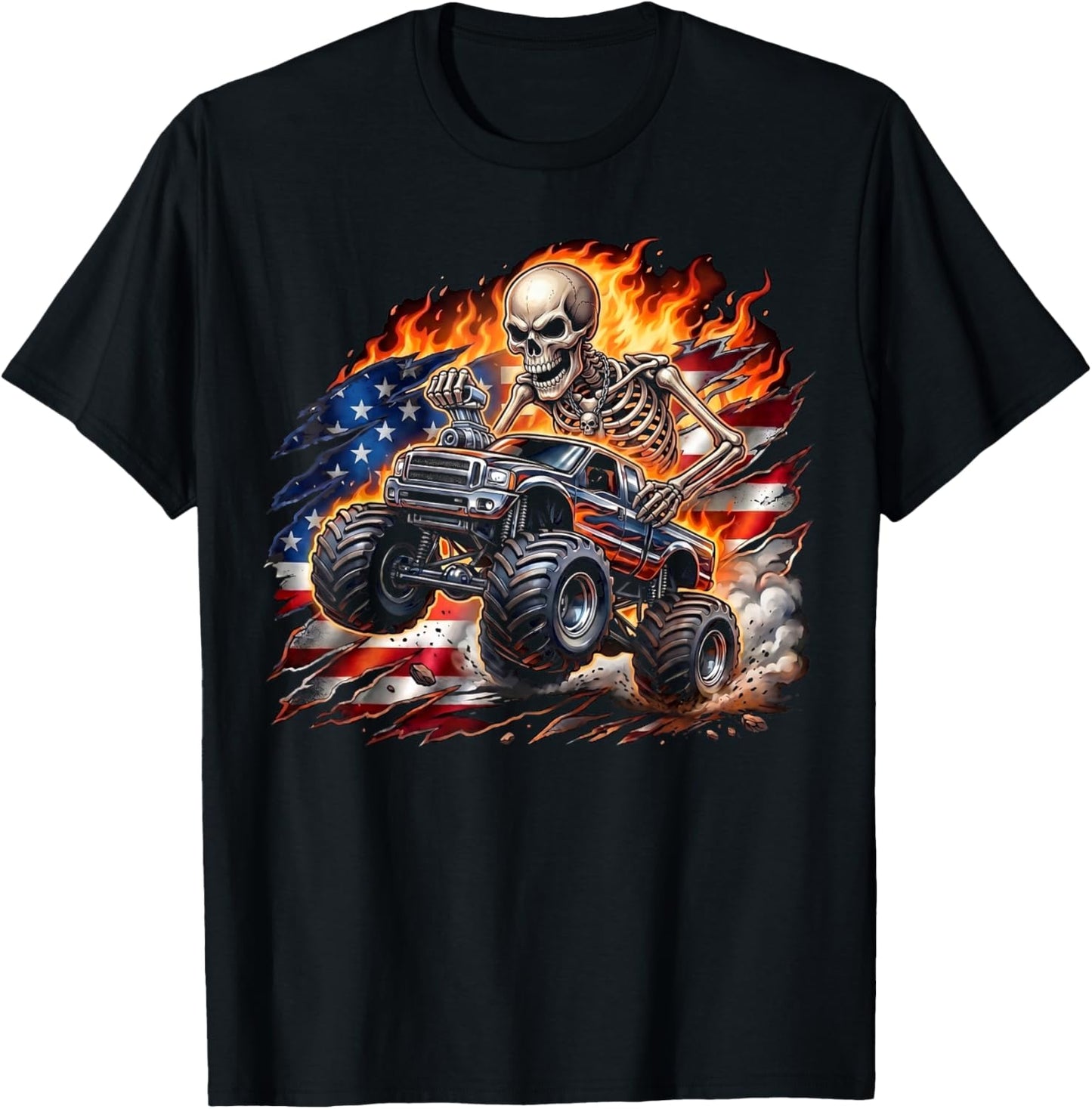 Patriotic Monster Truck Skeleton American Flag 4th of July T-Shirt - T-Shirt | Black