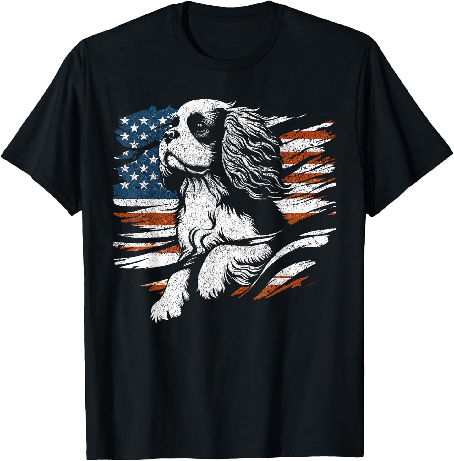Cavalier King Charles Spaniel American USA Flag 4th of July Women Men T-Shirt - T-Shirt | Black