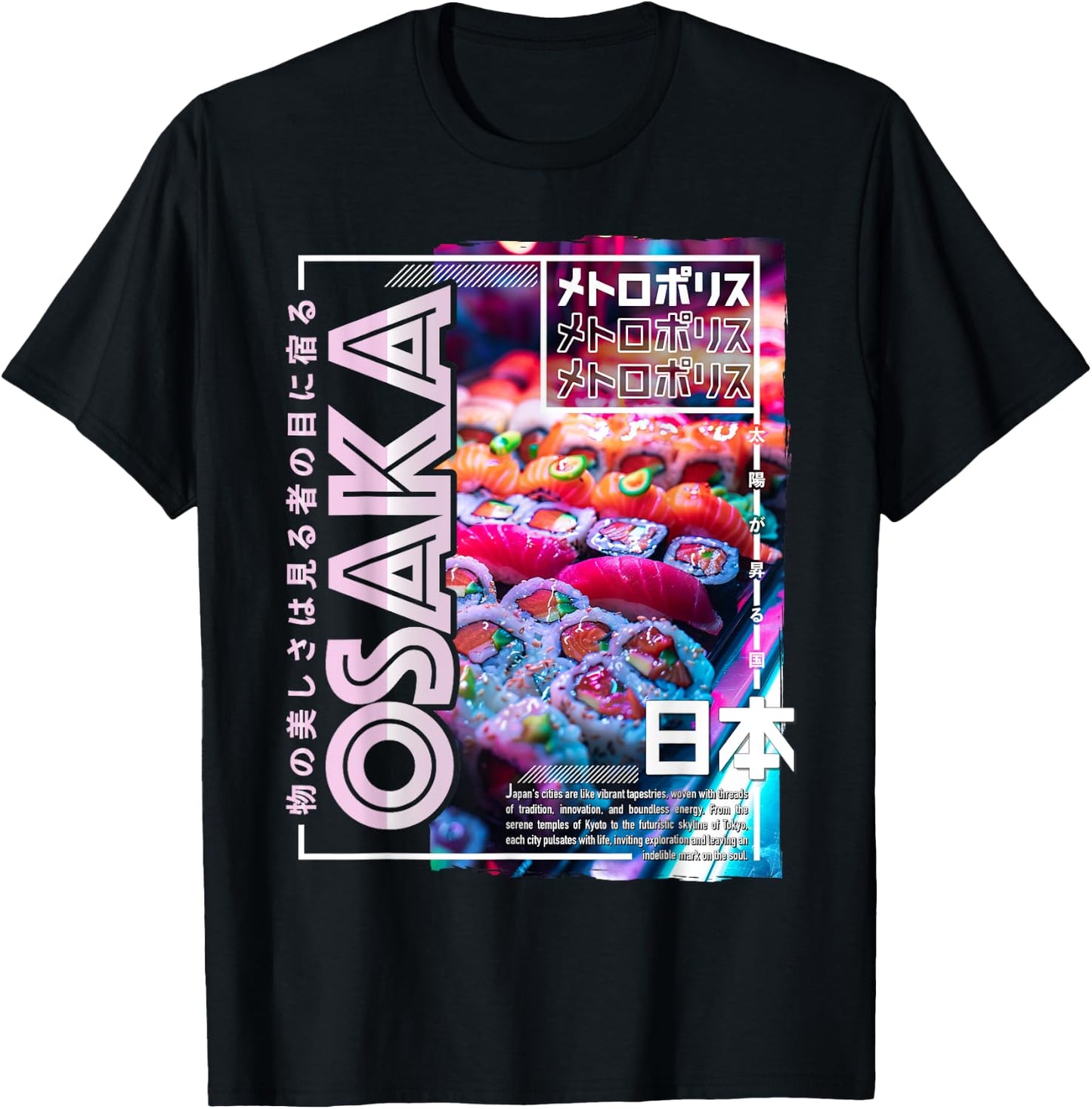 Osaka City 80s Synthwave Sushi Japan Osaka T-Shirt - T-Shirt | Black