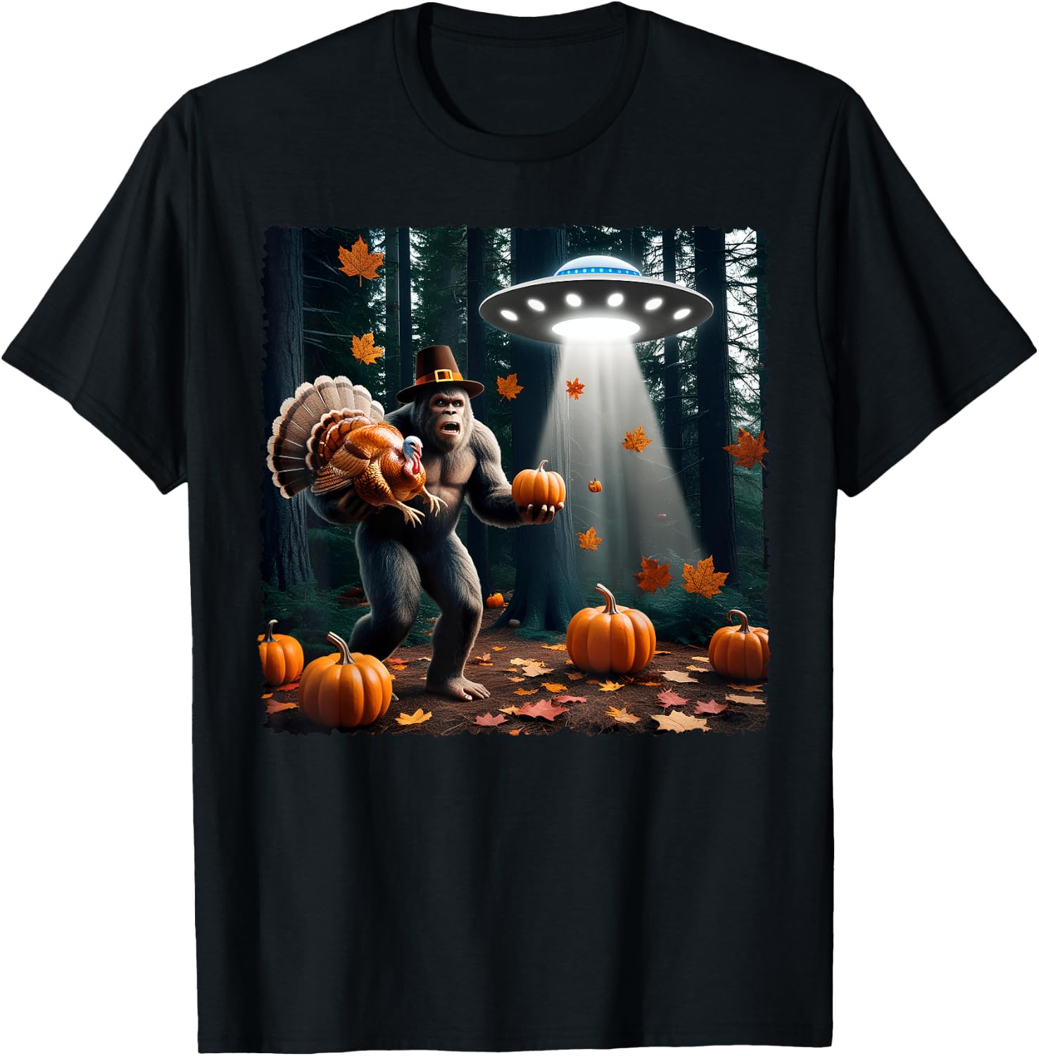 Bigfoot Sasquatch Turkey UFOs Funny Thanksgiving Day Pumpkin T-Shirt - T-Shirt | Black