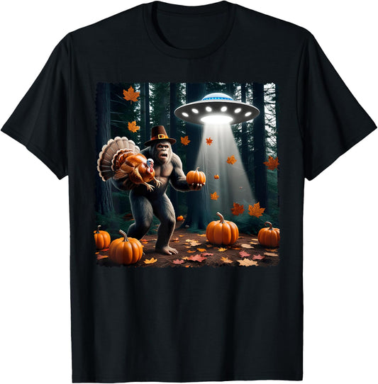 Bigfoot Sasquatch Turkey UFOs Funny Thanksgiving Day Pumpkin T-Shirt - T-Shirt | Black