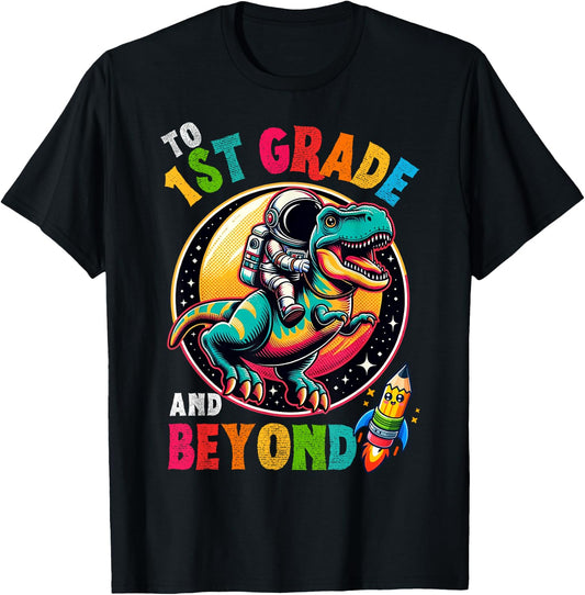 Astronaut Dinosaur boys First day back to School 1st grade T-Shirt - T-Shirt | Black