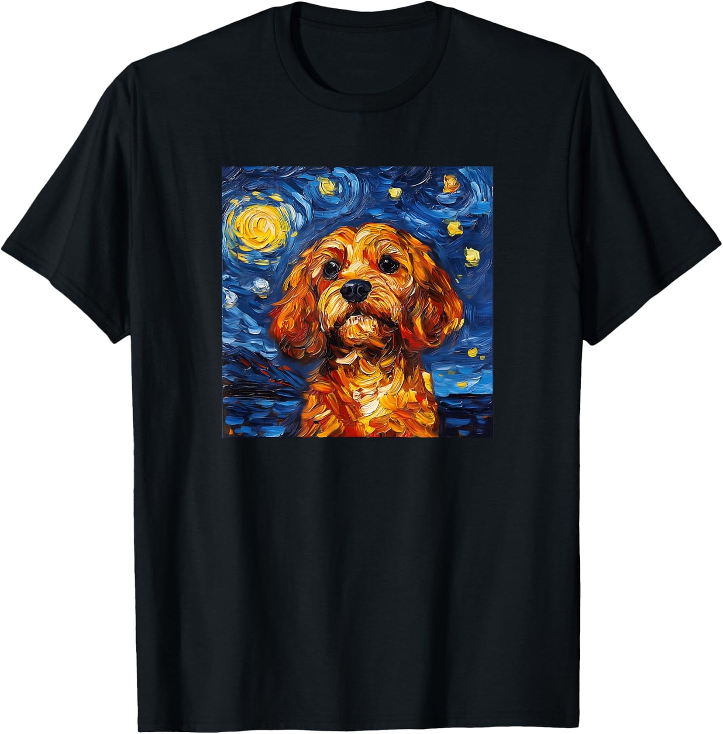 Cute Cavapoo Starry Night Dog Art T-Shirt - T-Shirt | Black