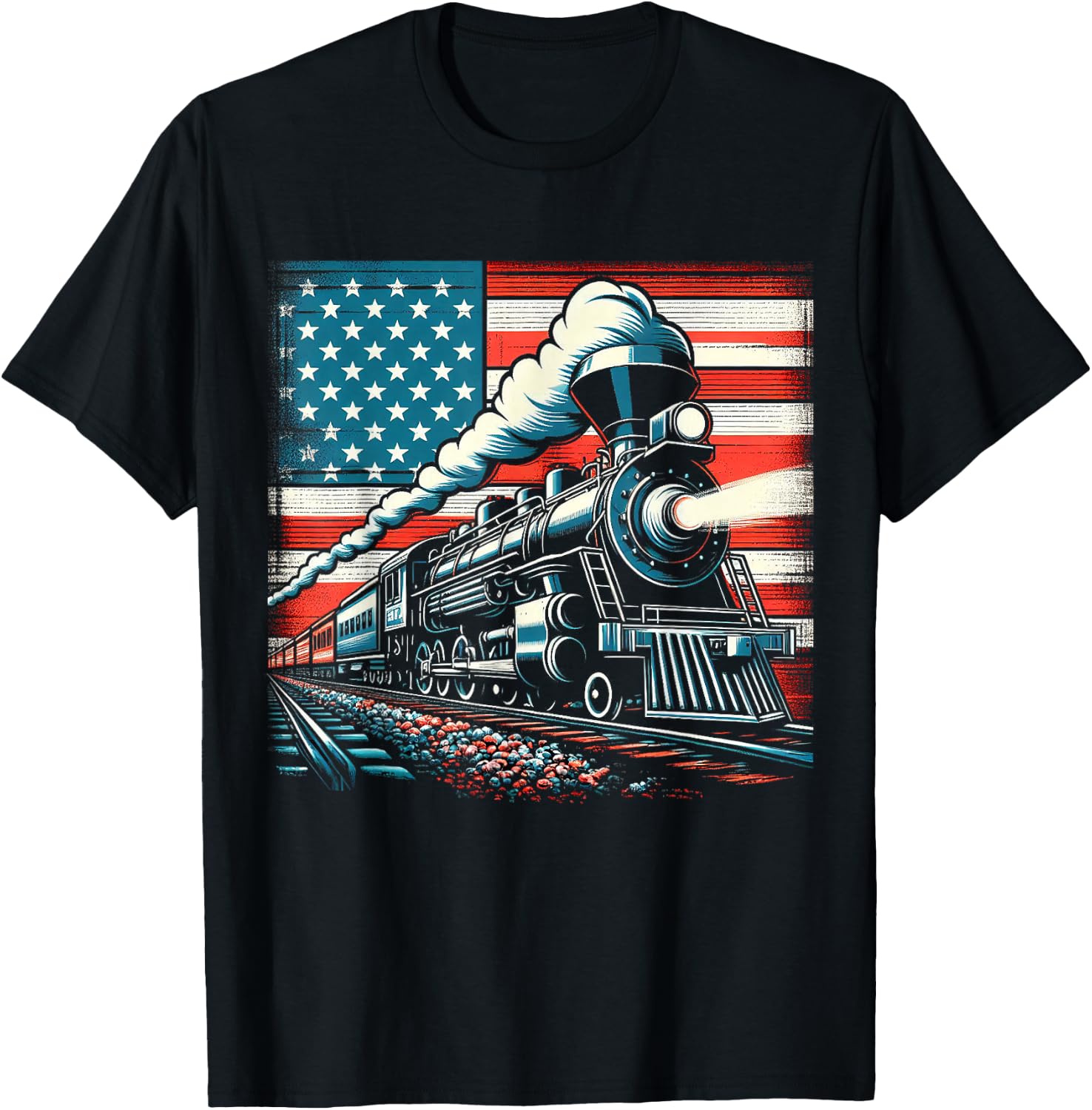 Train With The American Flag 4th of July Women Kids Men T-Shirt - T-Shirt | Black