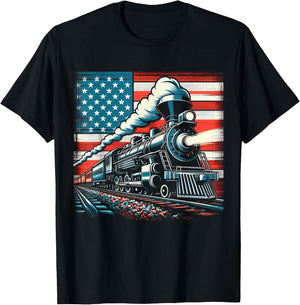 Train With The American Flag 4th of July Women Kids Men T-Shirt - T-Shirt | Black