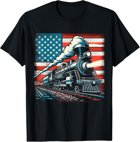 Train With The American Flag 4th of July Women Kids Men T-Shirt - T-Shirt | Black