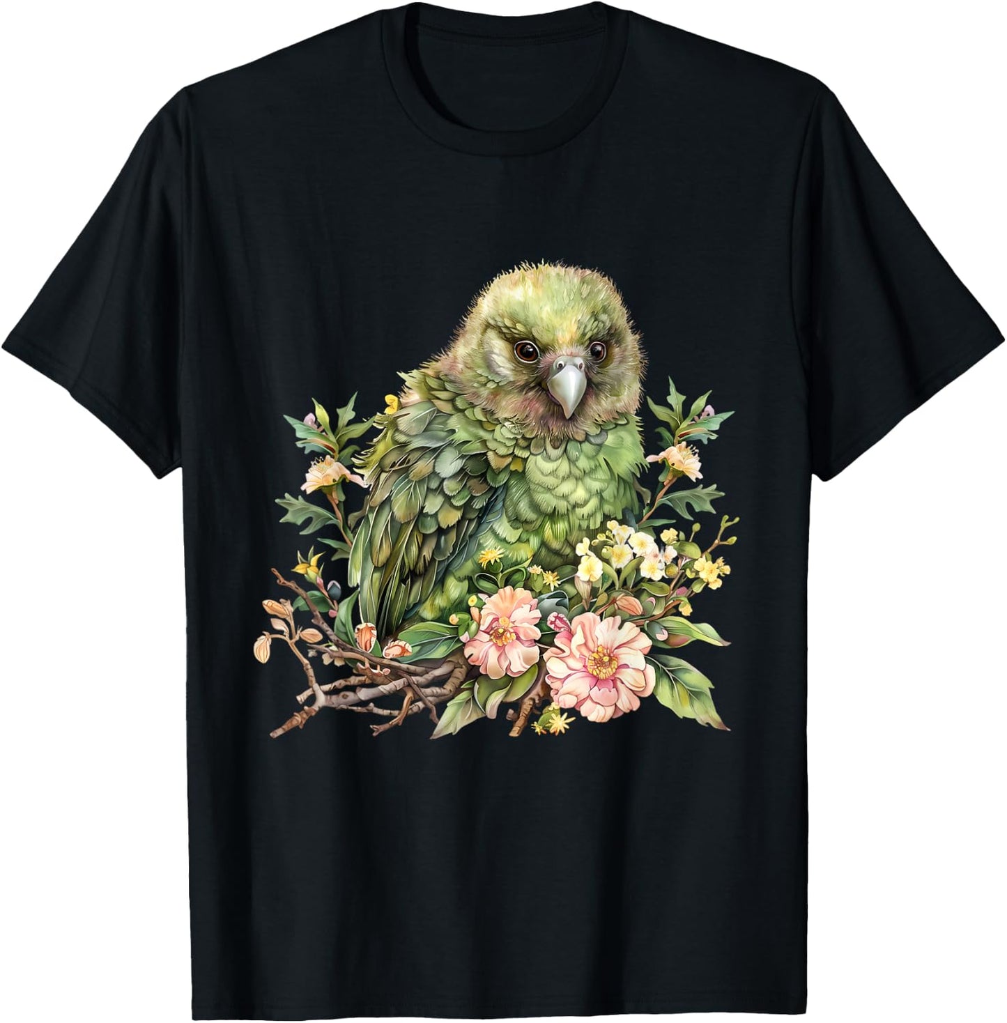 Kakapo Bird Wildlife Floral Drawing Jungle Kakapo Bird Lover T-Shirt - T-Shirt | Black