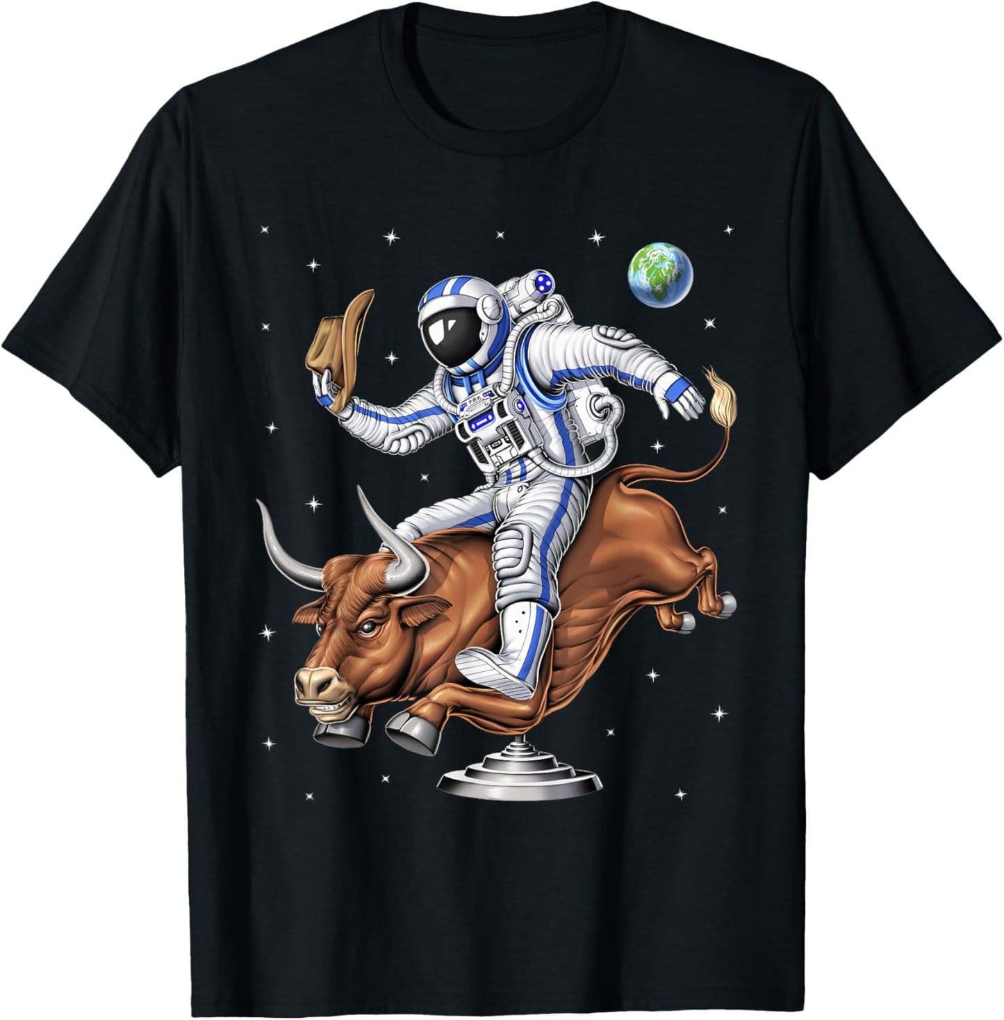 Space Astronaut Cowboy Riding Rodeo Bull Western Country T-Shirt - T-Shirt | Black