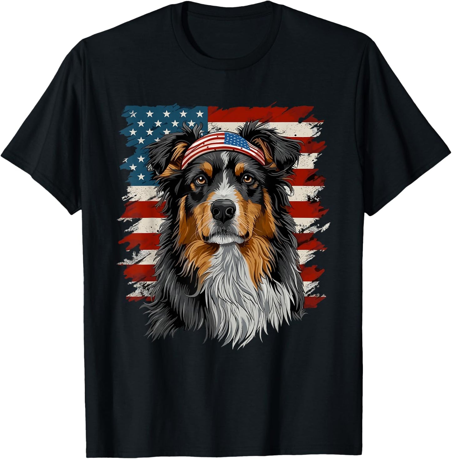 Australian Shepherd Patriotic 4th Of July USA American Flag T-Shirt - T-Shirt | Black