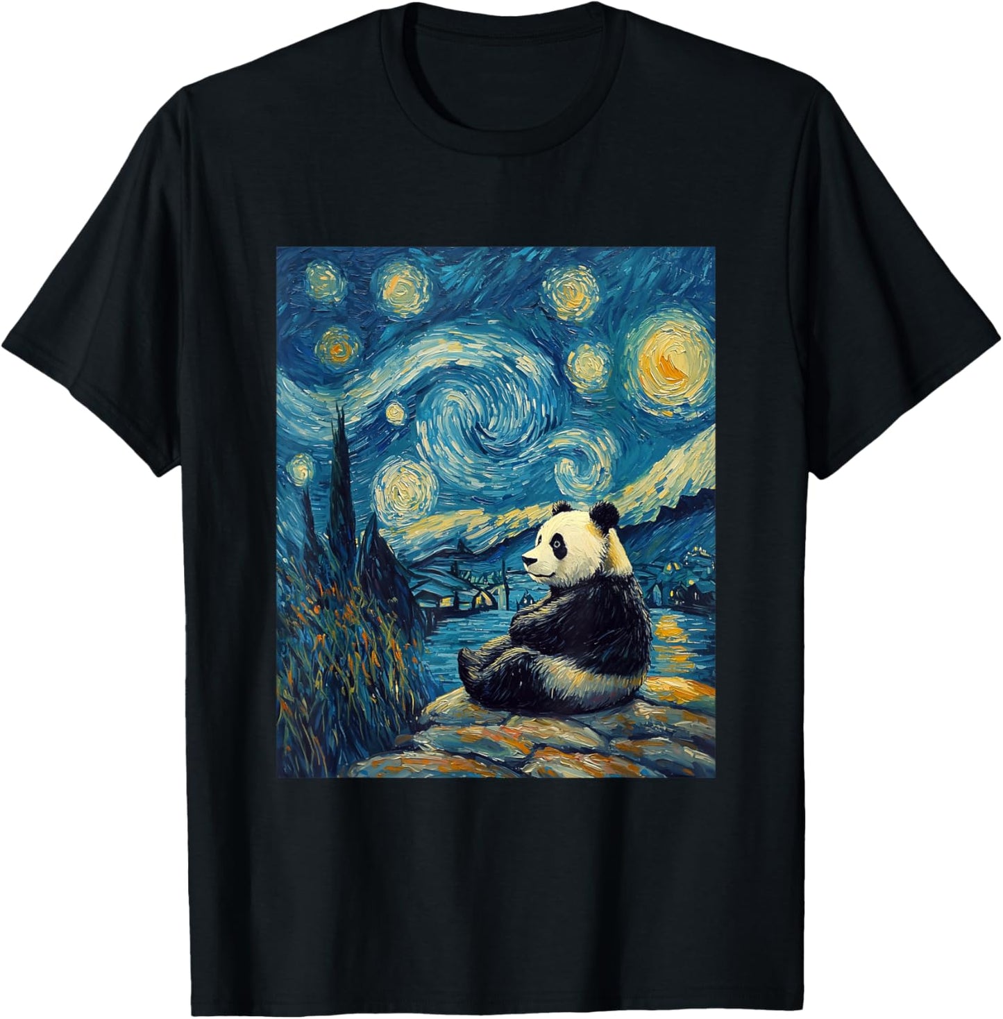 Cute Panda Bear - Van Gogh Style - Starry Night Graphic T-Shirt - T-Shirt | Black