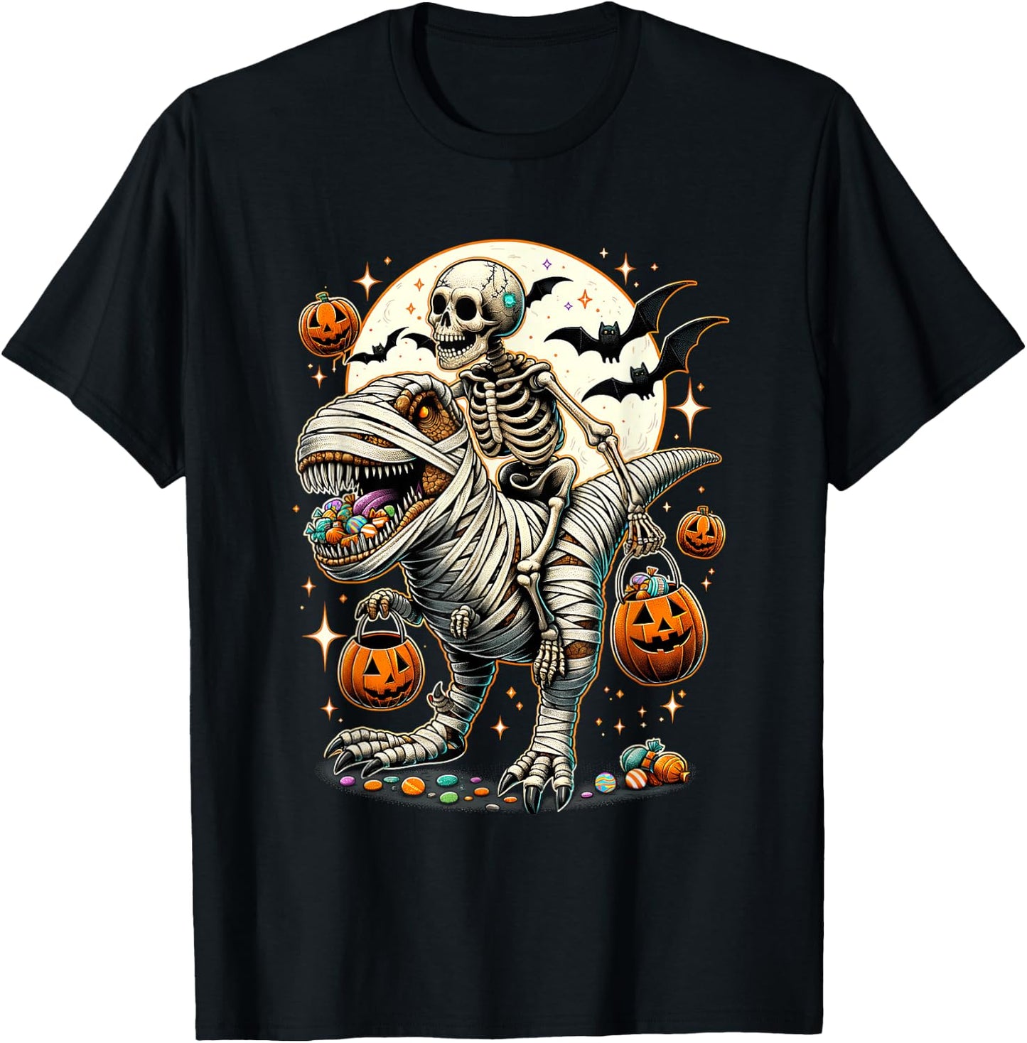 Skeleton Riding Mummy Dinosaur T Rex Kids Boys Men Halloween T-Shirt - T-Shirt | Black