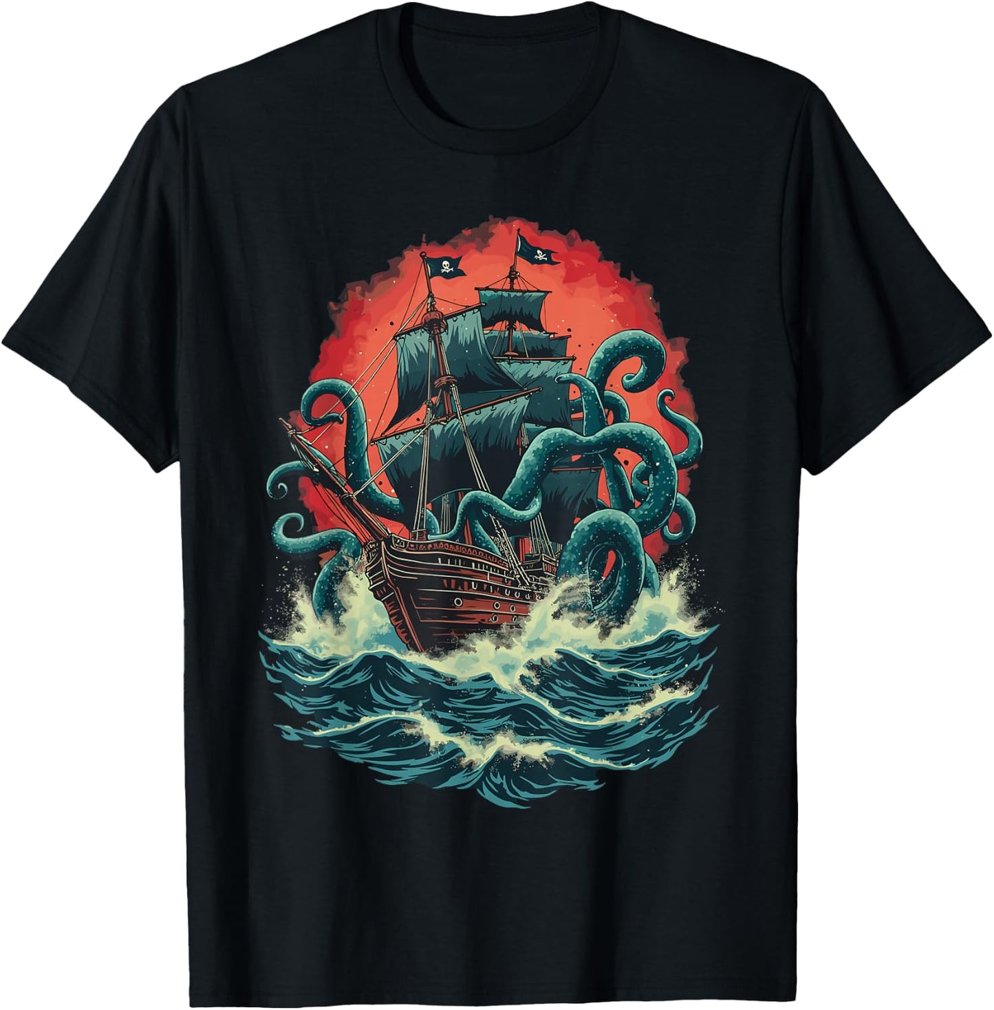 Pirate Ship Kraken Ocean Battle Giant Octopus Sea Monster T-Shirt - T-Shirt | Black