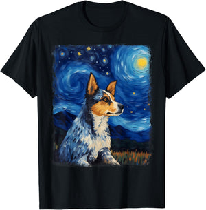 Australian Cattle Dog Dog Starry Night Painting T-Shirt - T-Shirt | Black
