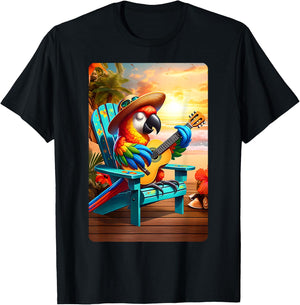 Cool Parrot Playing Guitar On Beach Guitar Parrot Sunset Women Kids T-Shirt - T-Shirt | Black