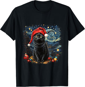 Cat , Starry Night Cat, Cat Shirt, Van Gogh Cat T-Shirt - T-Shirt | Black