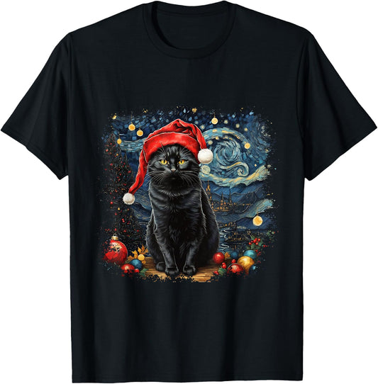 Cat , Starry Night Cat, Cat Shirt, Van Gogh Cat T-Shirt - T-Shirt | Black