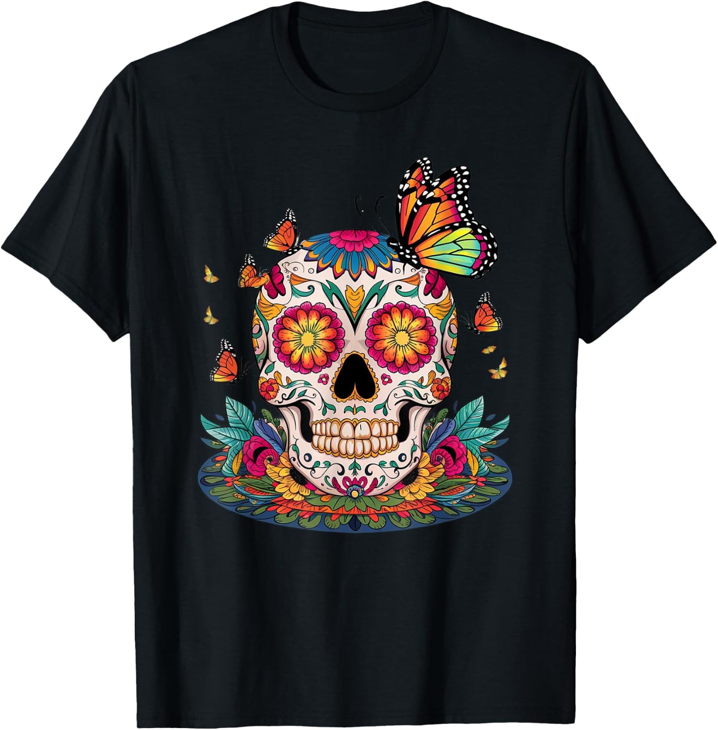 Sugar Skull Butterfly Day of Dead Halloween Dia De Muertos T-Shirt - T-Shirt | Black