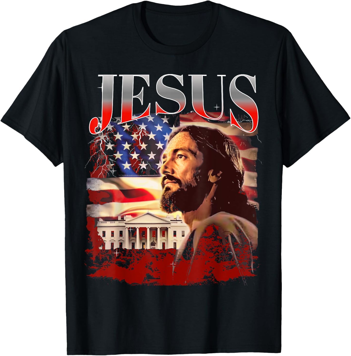 Jesus USA America Patriot Meme 90s Bootleg Rap Merch Style T-Shirt - T-Shirt | Black
