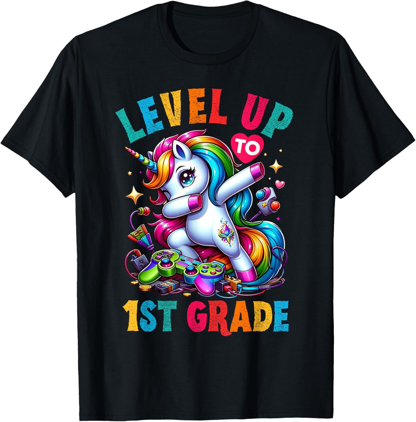 Unicorn video games back to School 1st grade Girls Level up T-Shirt - T-Shirt | Black