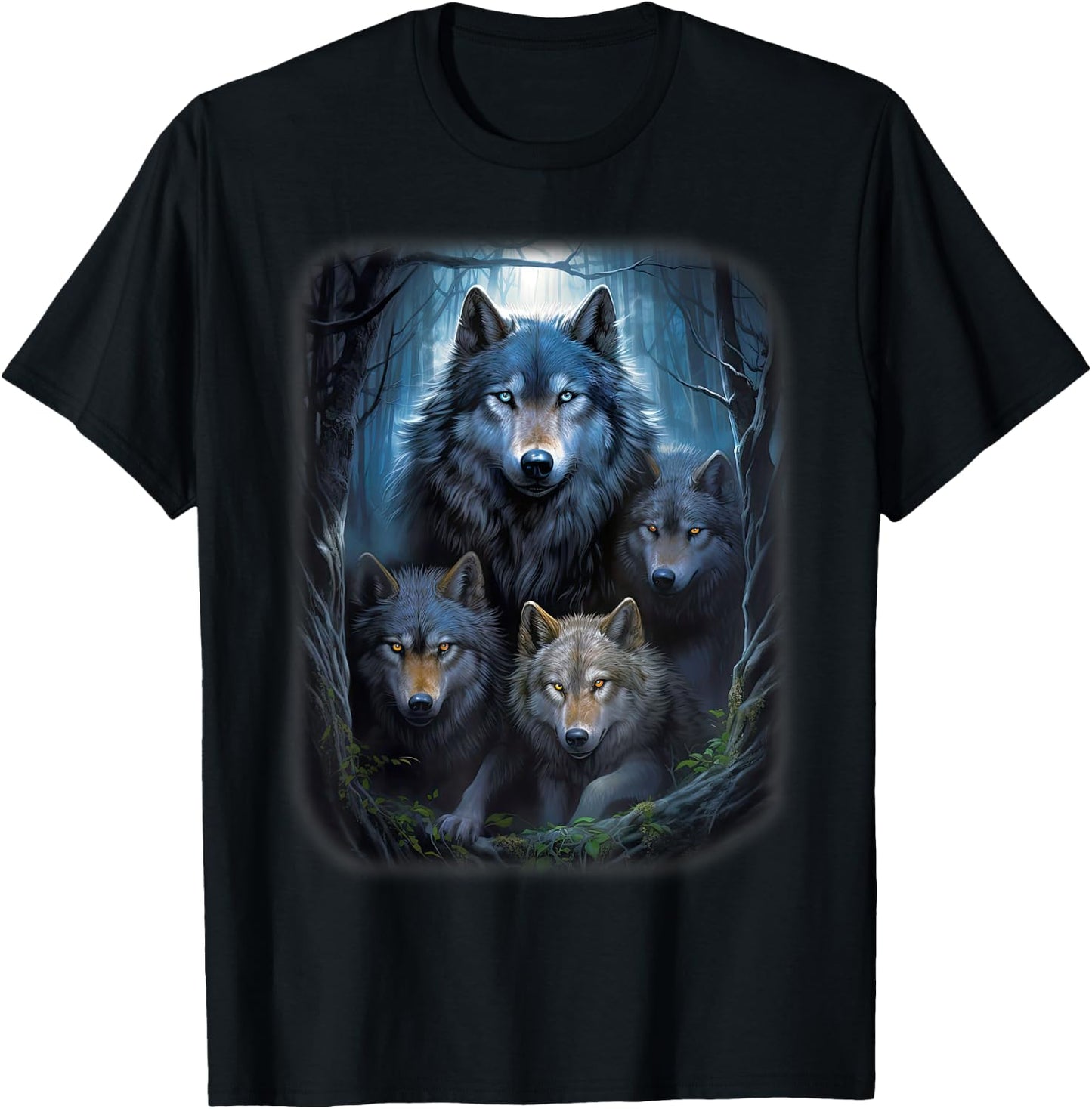 Wolf Wolves in Forest by Night Moon Fantasy Art Wildlife T-Shirt - T-Shirt | Black