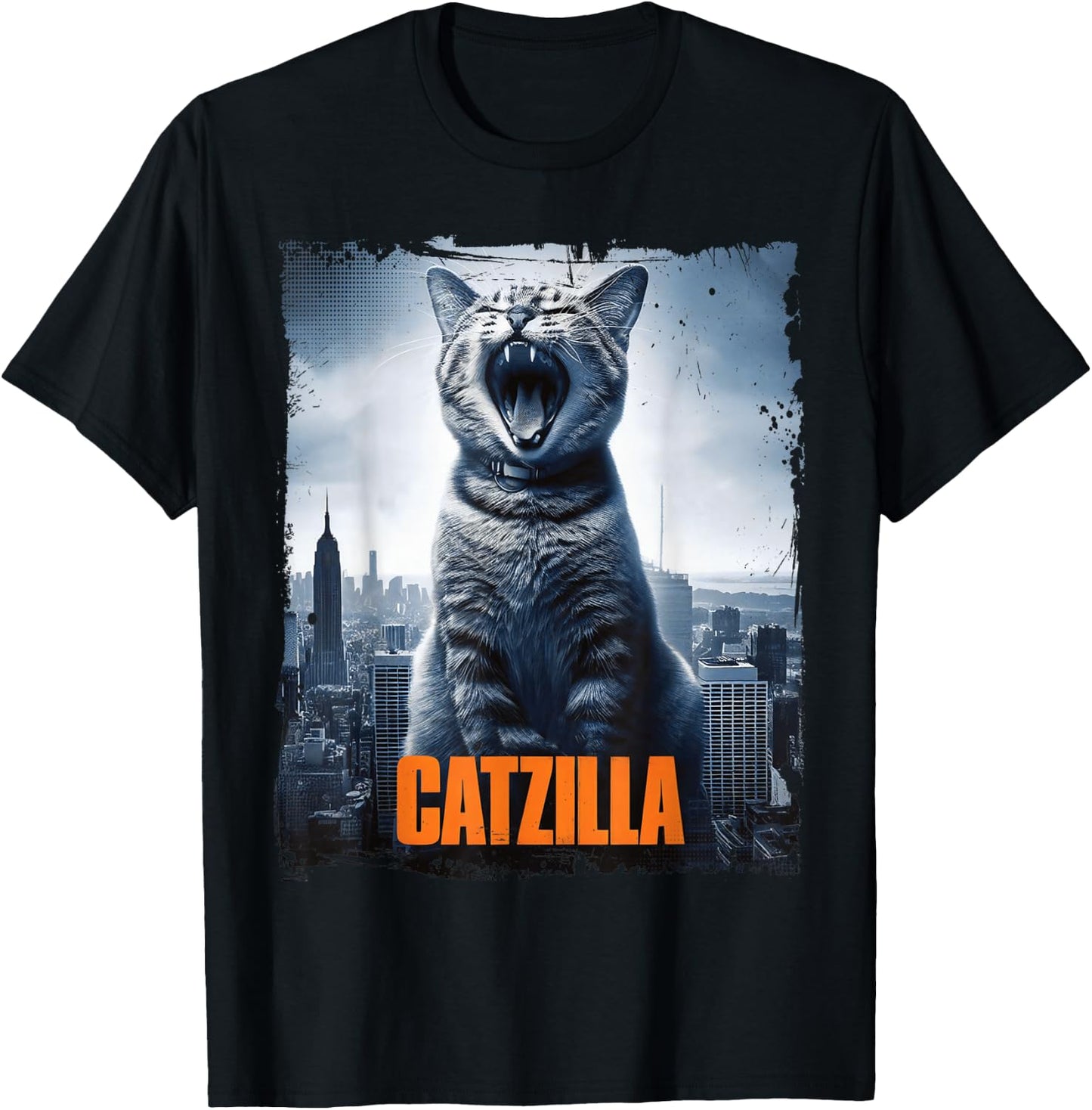 Catzilla Roaring Over City Skyline Cat Monster Kitten Kitty , Small, Black T-Shirt - T-Shirt | Black