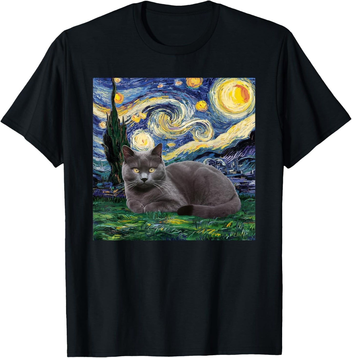 Gray Cat Van Gogh Starry Night Women Kids T-Shirt - T-Shirt | Black