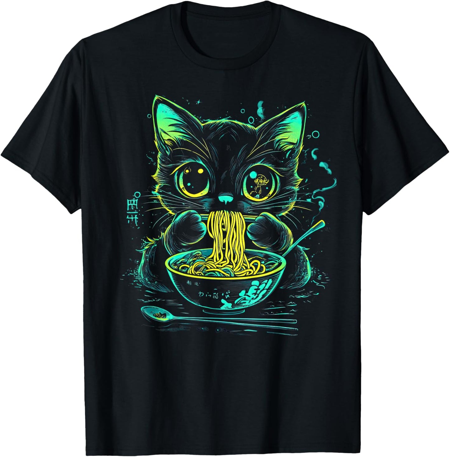 Anime Ramen Cat Japanese Retro Noodles Aesthetic Kawaii Cat T-Shirt - T-Shirt | Black