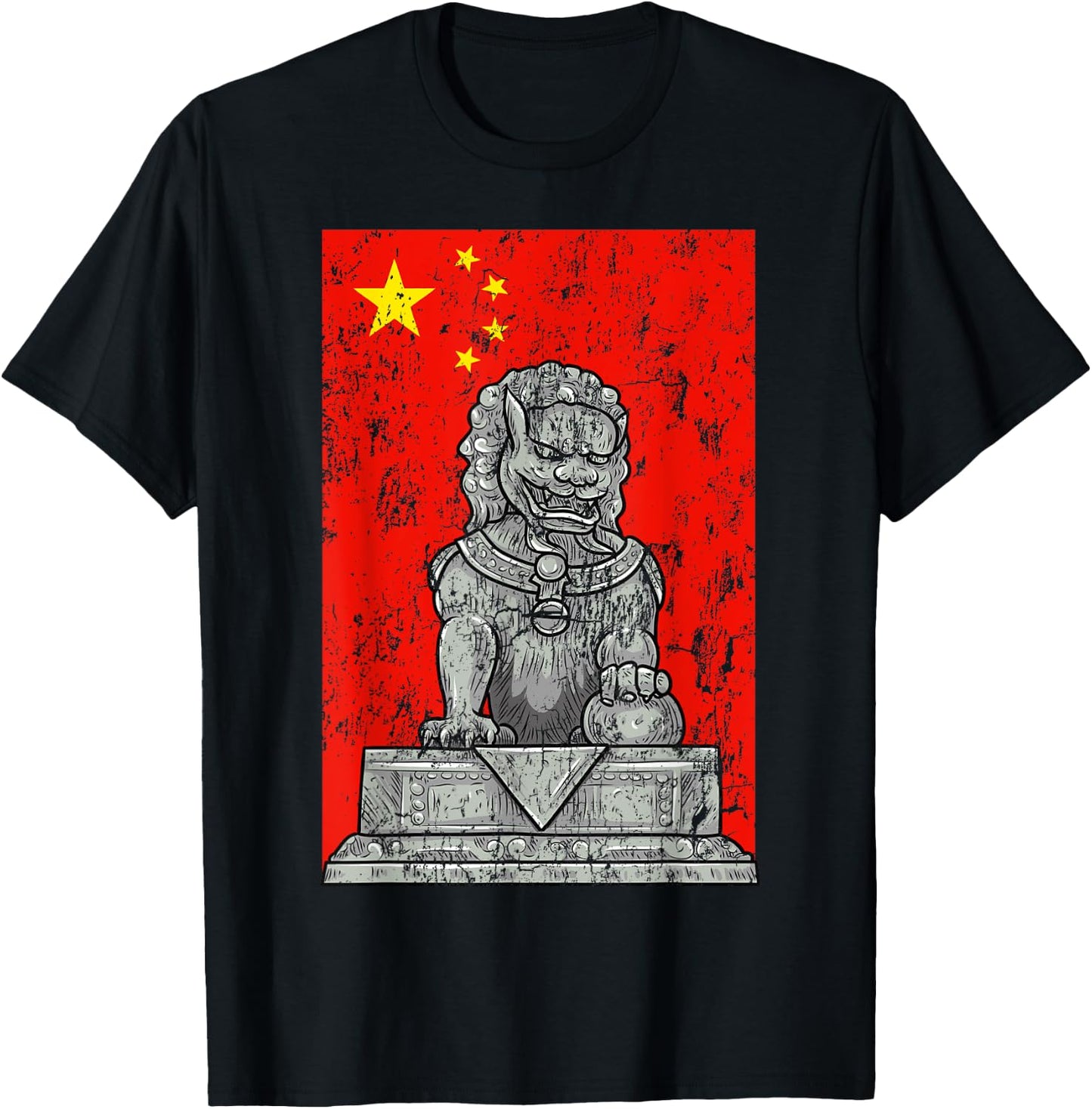 Chinese Flag China Lion Guard Beijing Distressed T-Shirt - T-Shirt | Black