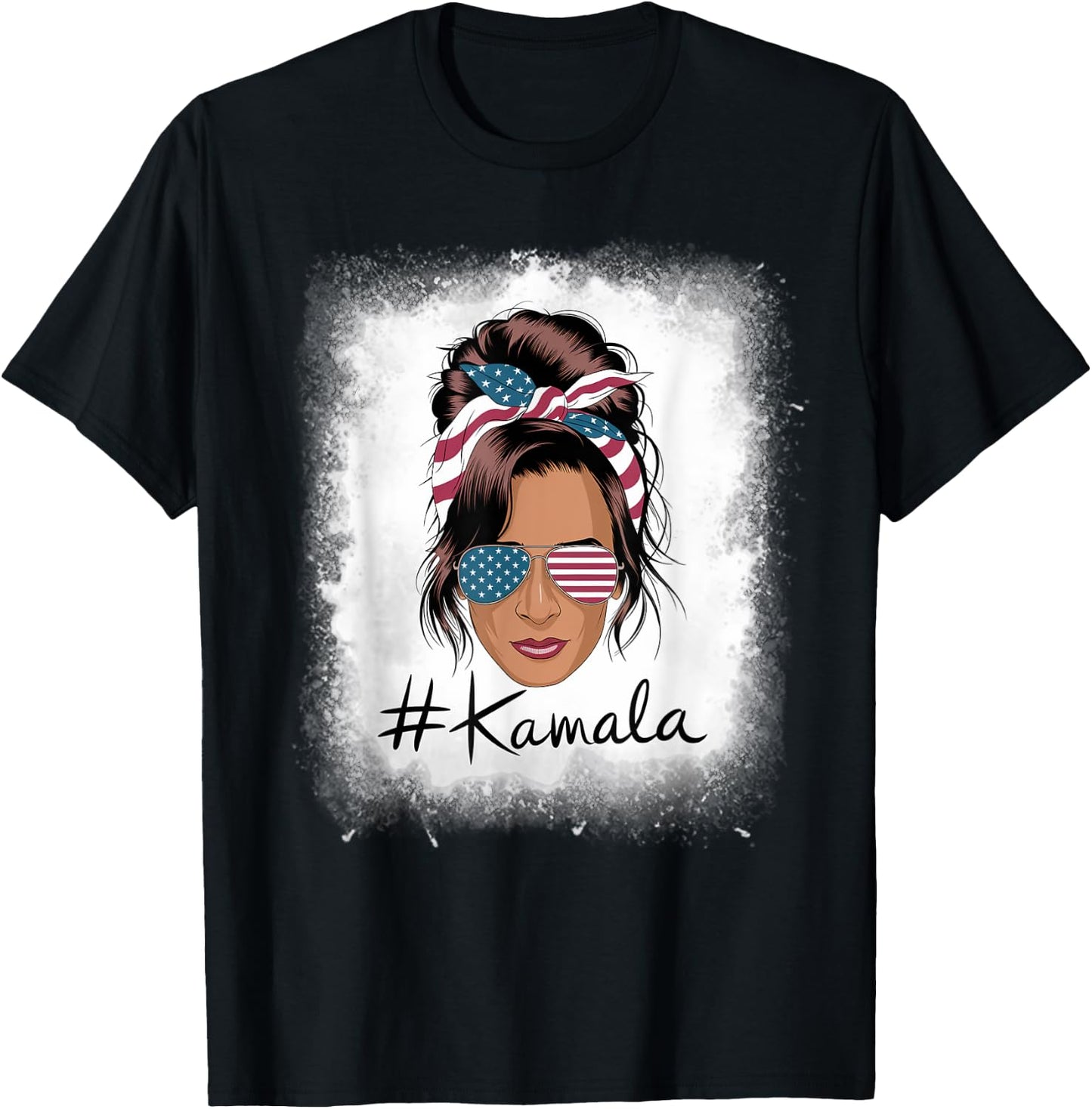 Kamala Harris Retro USA Patriotic American Flag Messy Bun T-Shirt - T-Shirt | Black