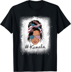 Kamala Harris Retro USA Patriotic American Flag Messy Bun T-Shirt - T-Shirt | Black