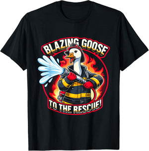 Blazing Goose Firefighter Cartoon Fun Rescue Mission T-Shirt - T-Shirt | Black