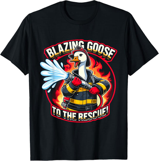 Blazing Goose Firefighter Cartoon Fun Rescue Mission T-Shirt - T-Shirt | Black