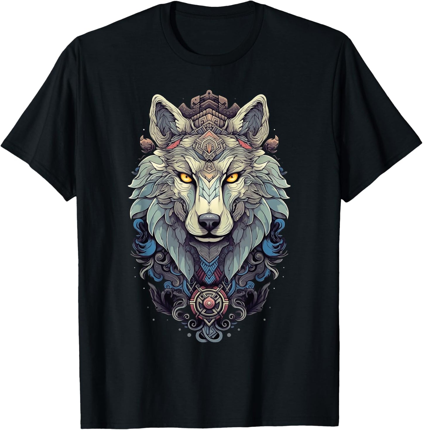 Native American Boho Wolf Splash Art Animal Face Wolf T-Shirt - T-Shirt | Black