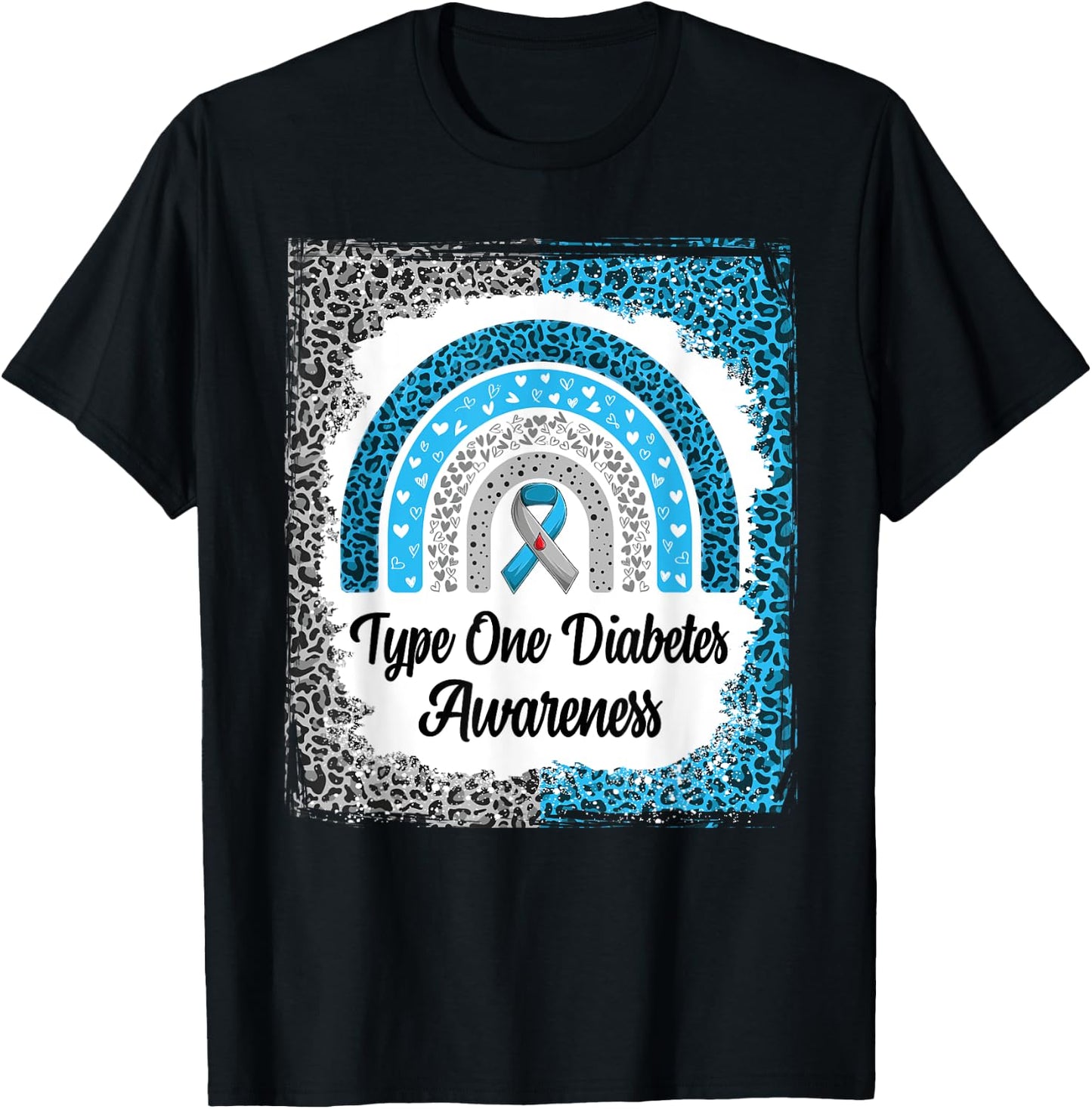 Type 1 Diabetes Awareness Bleached Rainbow leopard Ribbon T-Shirt - T-Shirt | Black
